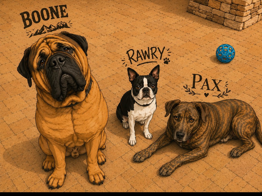 Drew's three dogs: a bullmastiff, a Boston terrier, and a brindle mixed breed